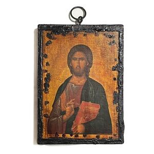 Vintage Greek Orthodox Icon Decoupage on Wood Religious Christ Jesus Plaque